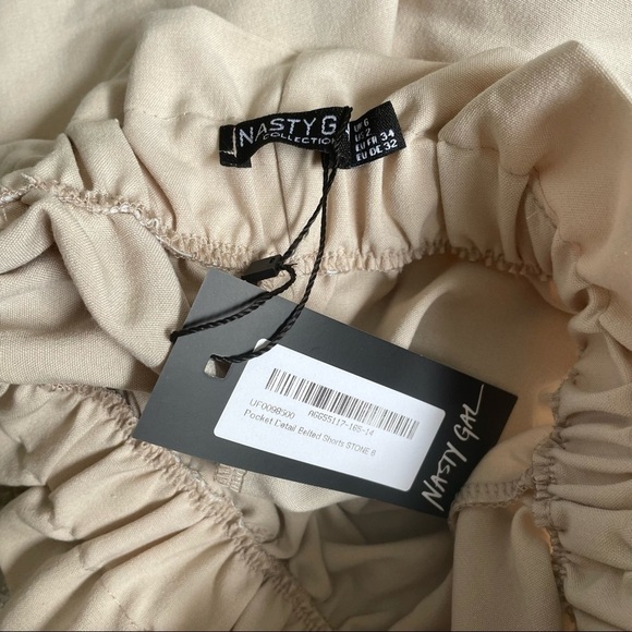 Nasty Gal Stone Beige High Waisted Paperbag Pocket Belted Shorts NWT Size US 2 - Picture 7 of 9